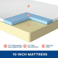 10 inch Gel Memory Foam Mattress for Cool Sleep & Pressure Relief - $90