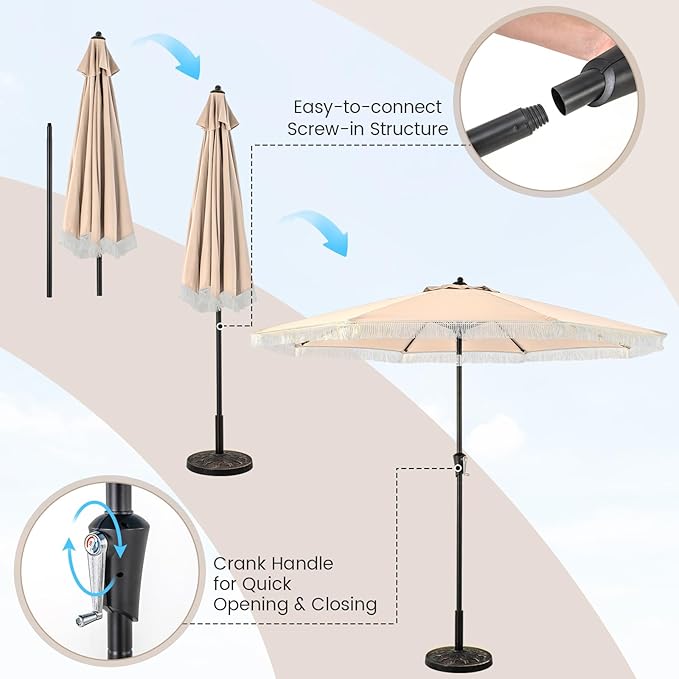 HAPPYGRILL 9 FT Patio Umbrella with Fringe, Outdoor Tassel Umbrella (Beige) - $45