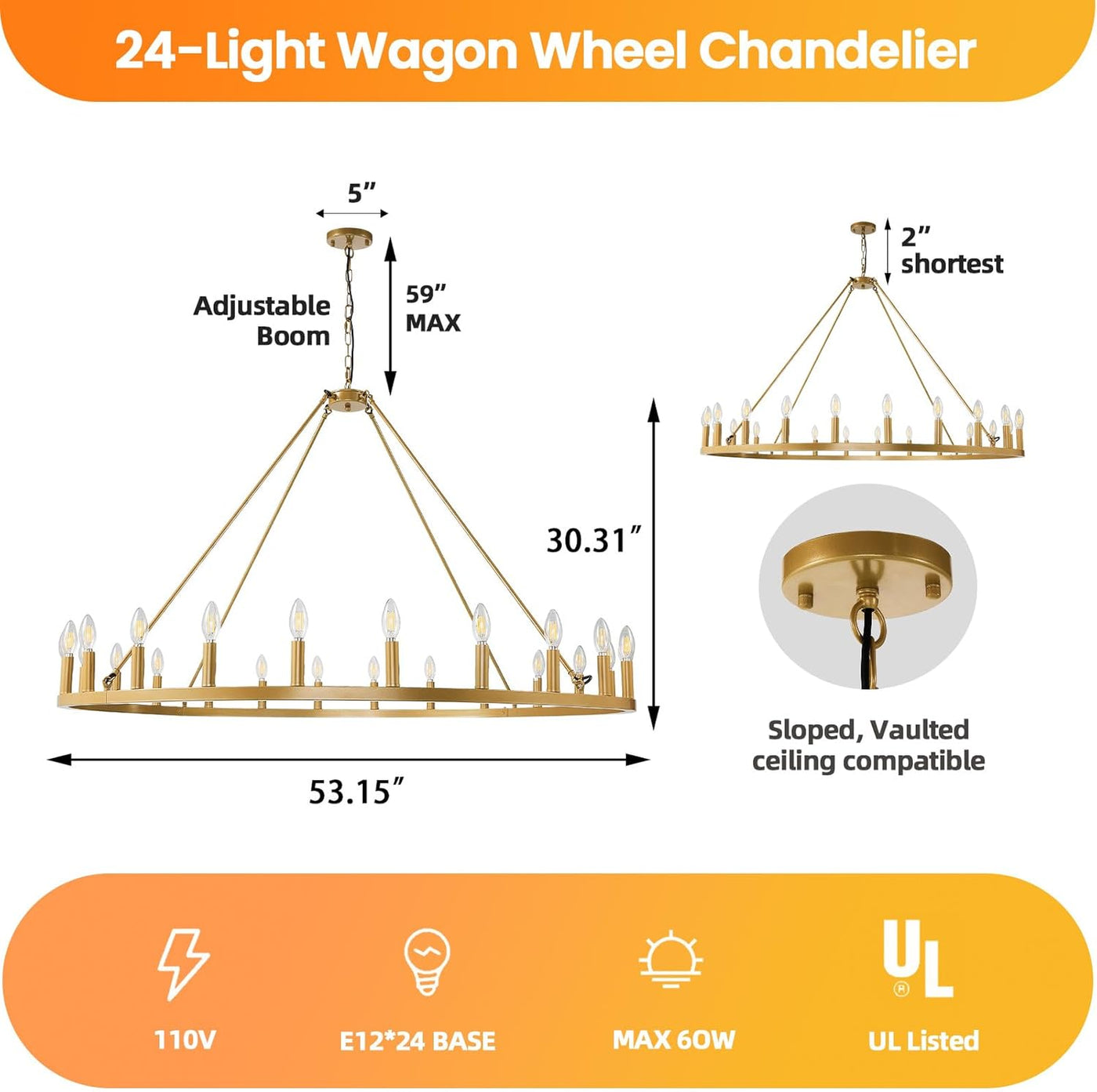 24-Light Gold Wagon Wheel Chandelier Farmhouse, 54 Inch Extra Large Chandeliers - $205