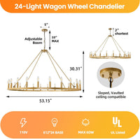 24-Light Gold Wagon Wheel Chandelier Farmhouse, 54 Inch Extra Large Chandeliers - $205