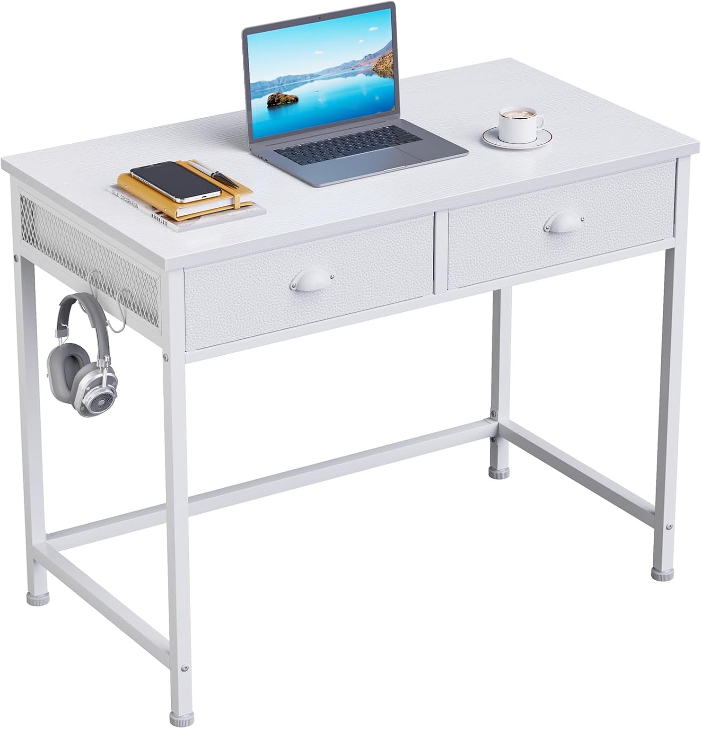 Furologee White Small Computer Desk with 2 Fabric Drawers - $35