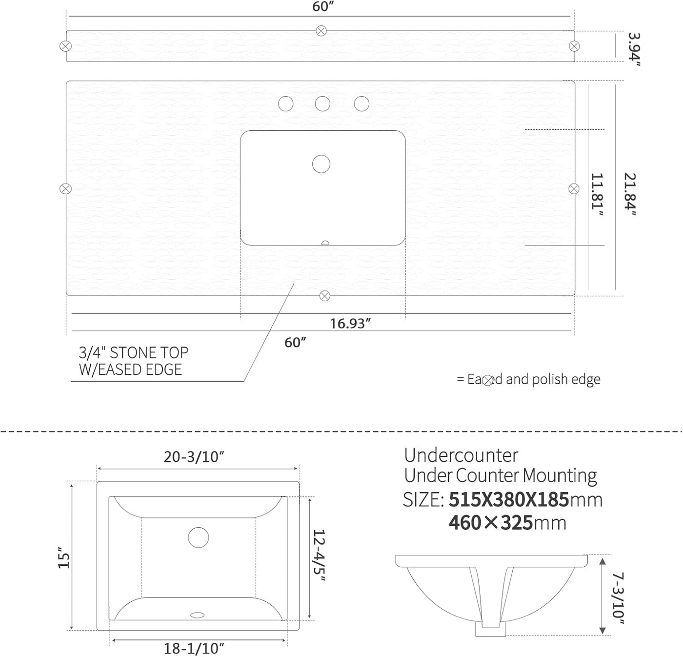 60"x22" Bathroom Vanity Top Engineered Stone Vanity Top Single Bowl Sink - $340