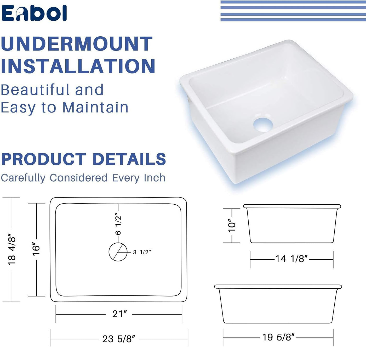 Enbol 24 Undermount Kitchen Sink - 24x18 inch Undermount White Porcelain - $150