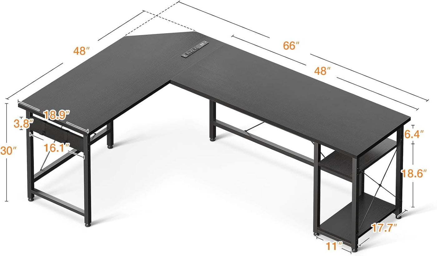 Coleshome L Shaped Computer Desk 66" with Power Outlet & Storage Shelves - $100