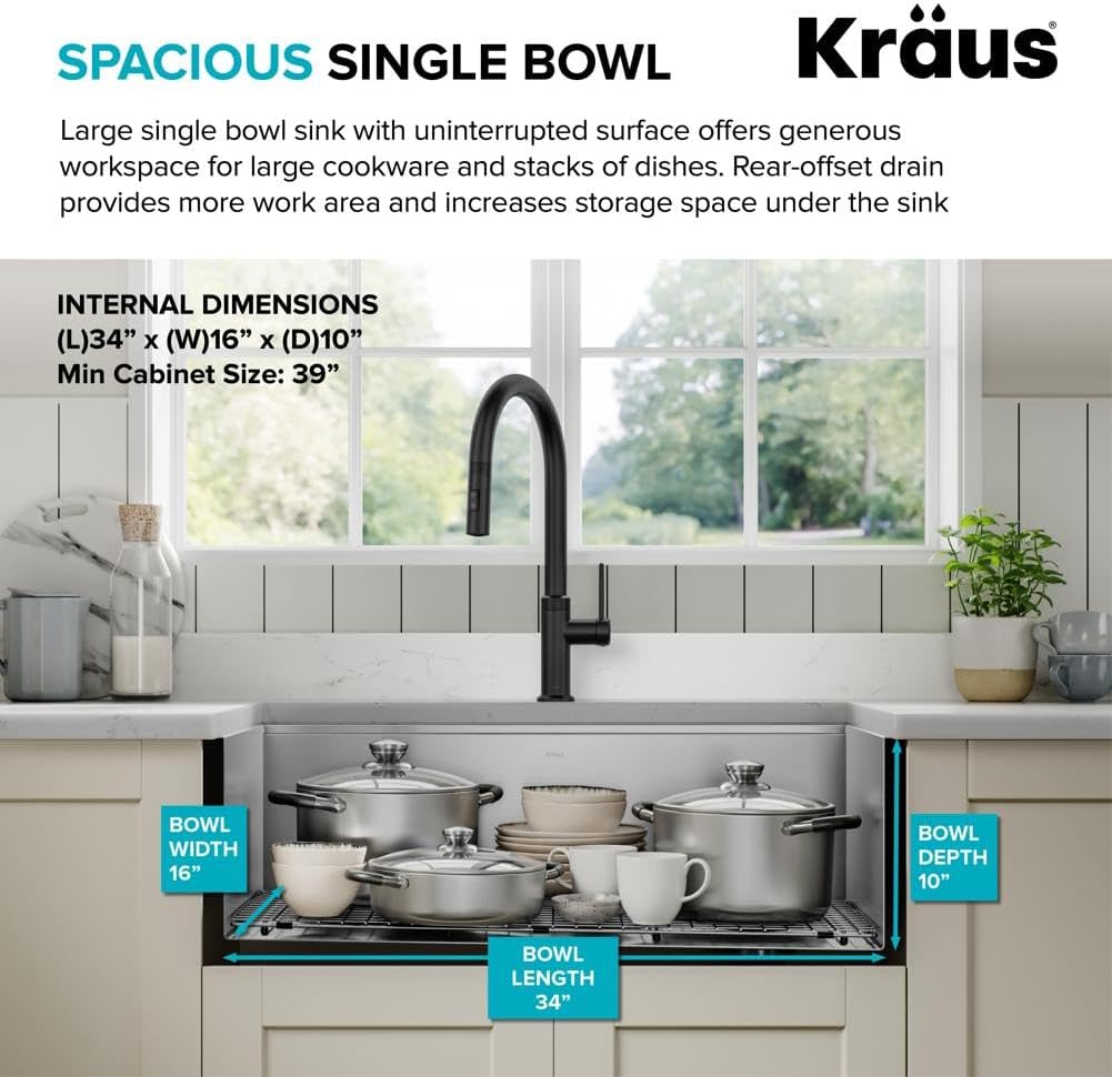 KRAUS Kore 36-Inch Modern 16 Gauge Single Bowl Stainless Steel Kitchen Sink - $280