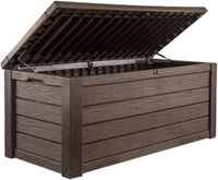 Keter Outdoor Storage Deck Box, 150 Gallon Resin Patio Bin & Bench, Wood Grain - $110