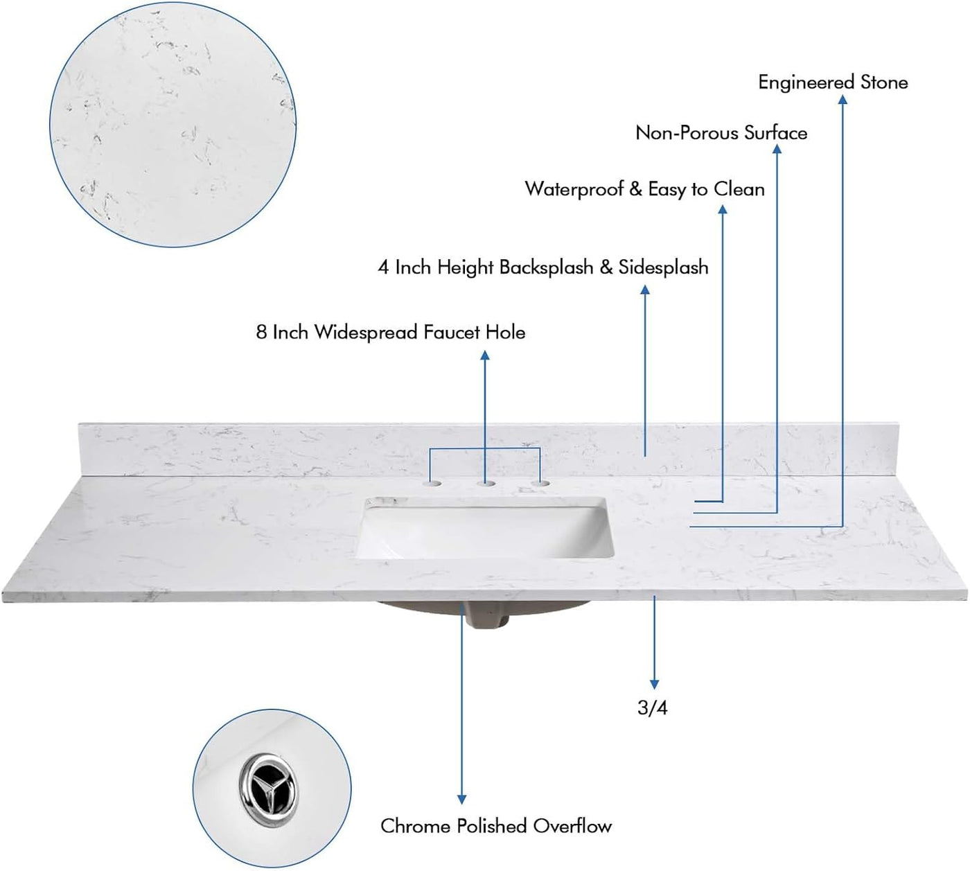 60"x22" Bathroom Vanity Top Engineered Stone Vanity Top Single Bowl Sink - $340
