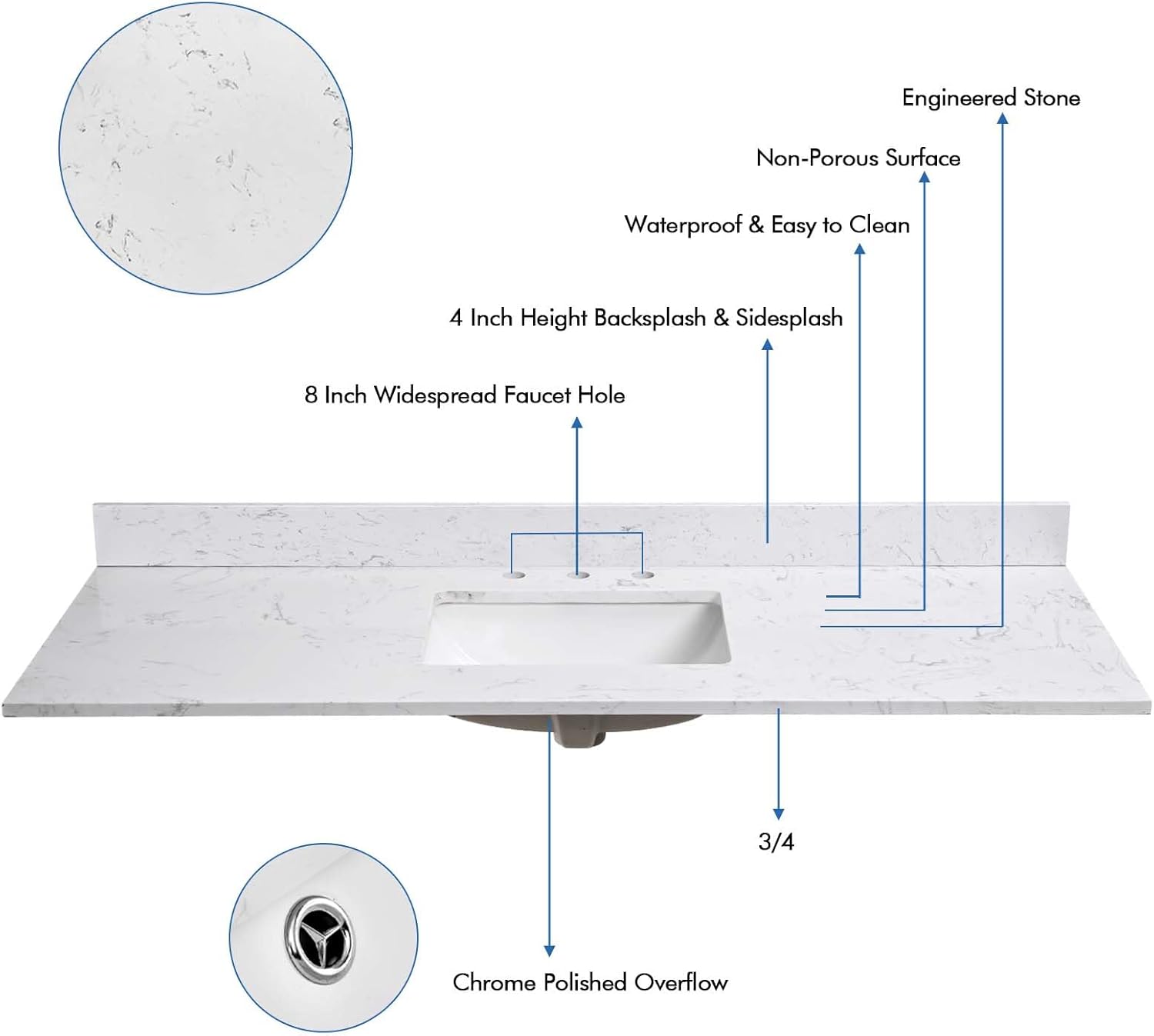 60"x22" Bathroom Vanity Top Engineered Stone Vanity Top Single Bowl Sink - $340