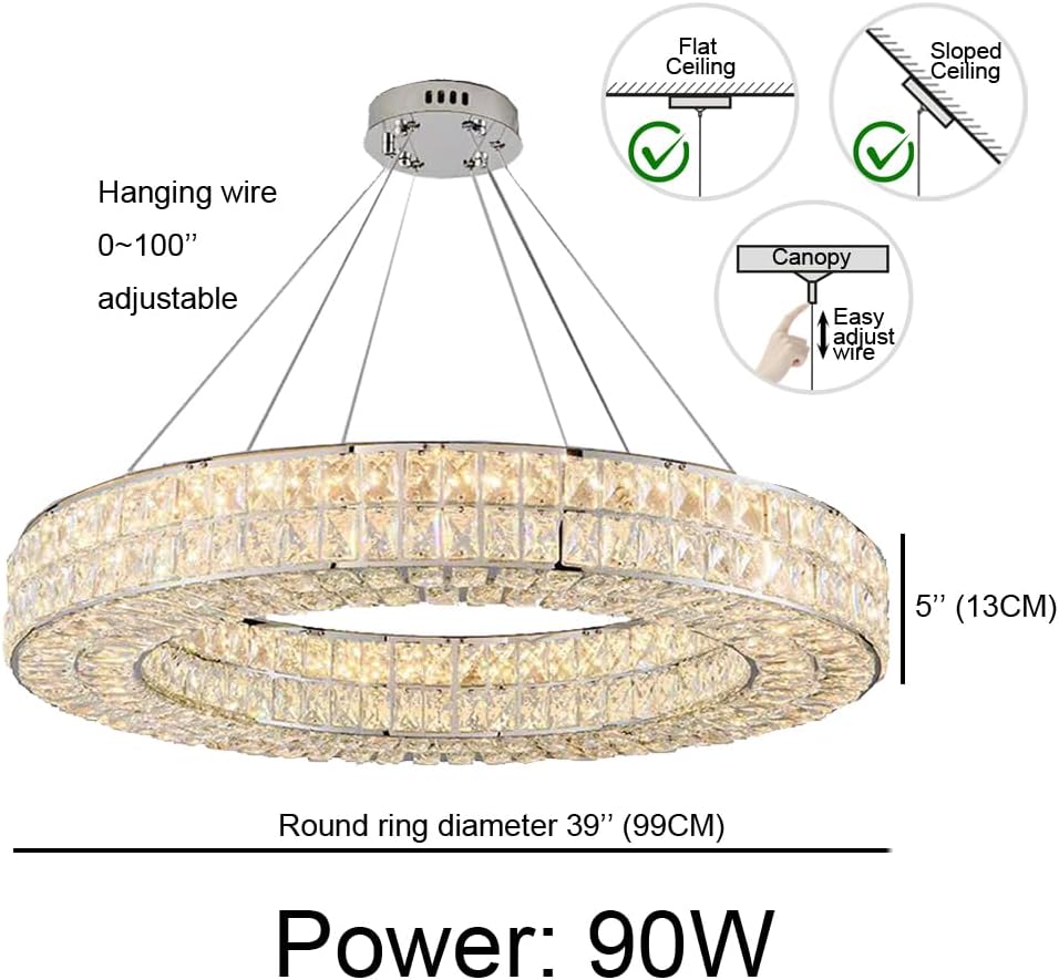 Remote Control Large Chrome Crystal Chandelier Dimmable Silver Round Ring LED - $420