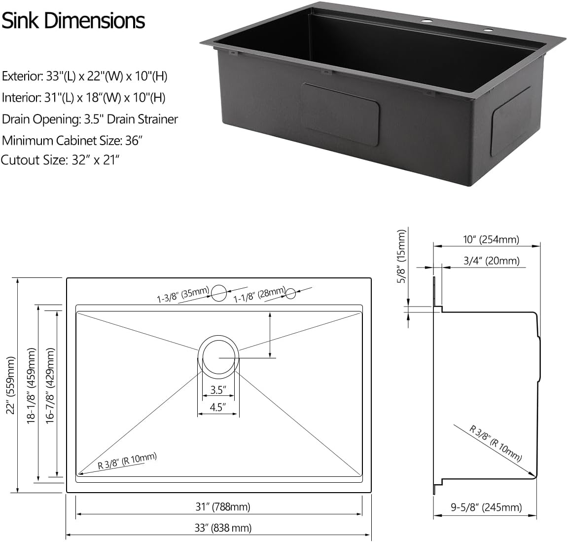 33 Drop In Black Workstation Kitchen Sink, Luckyhorse 33x22 16 Gauge - $180