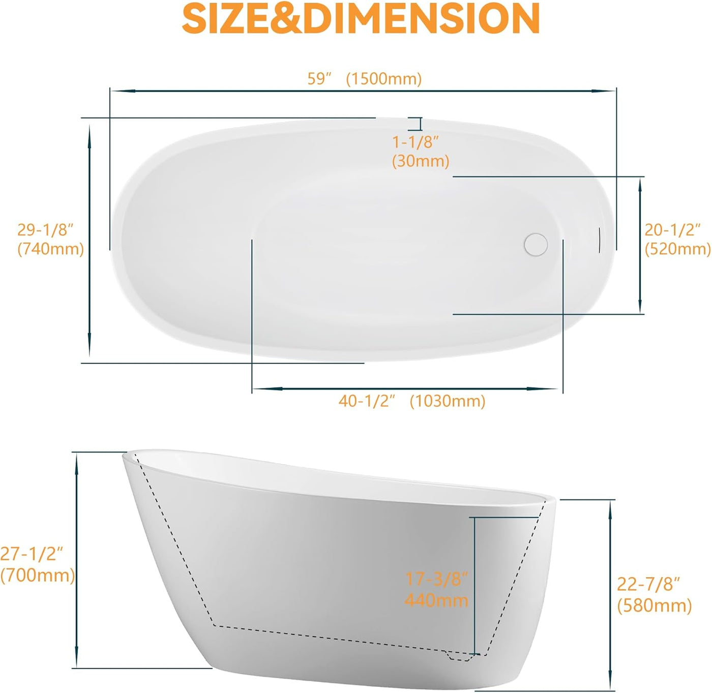 59" High-back Acrylic Freestanding Bathtub, cUPC Certified - $600