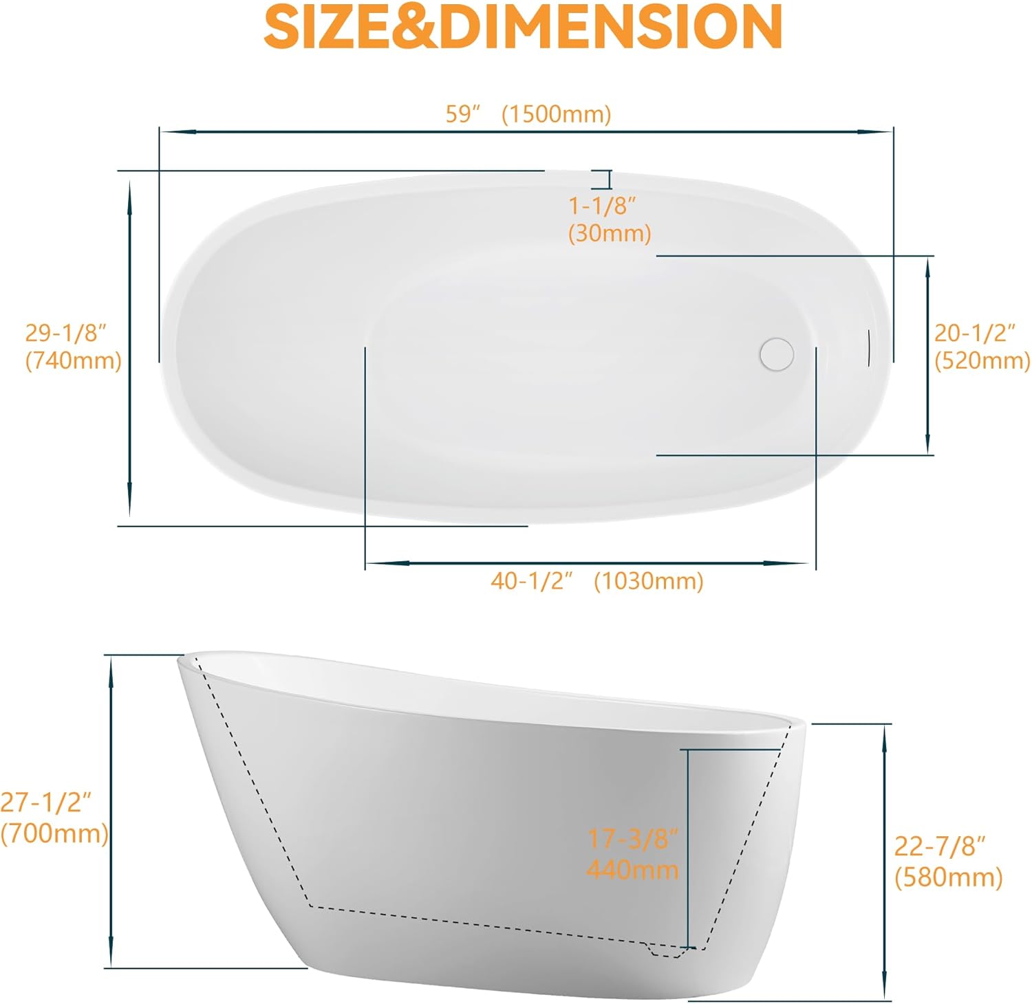 59" High-back Acrylic Freestanding Bathtub, cUPC Certified - $600
