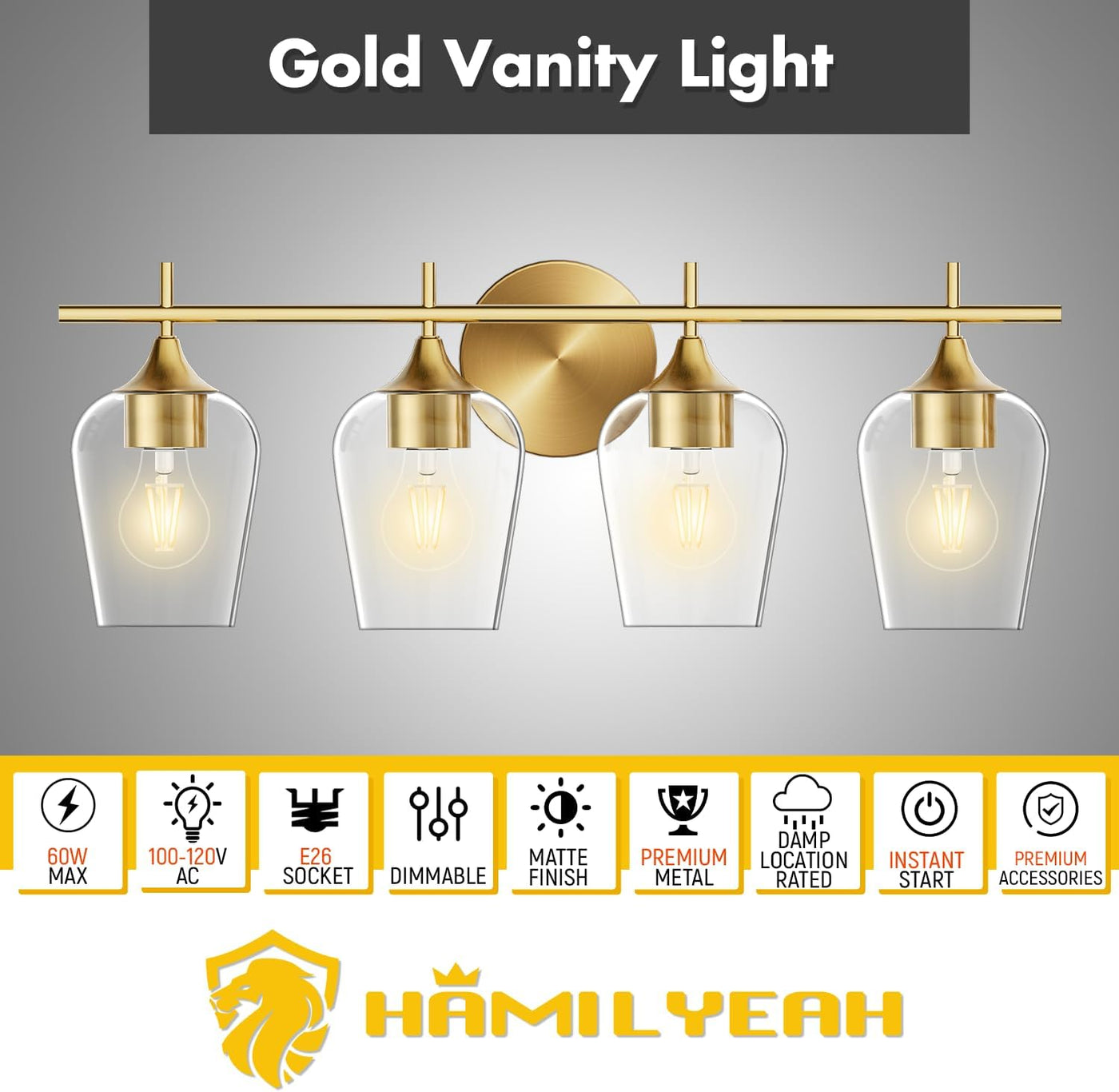 Hamilyeah Gold Bathroom Light Fixtures Over Mirror, 4 Light - $60