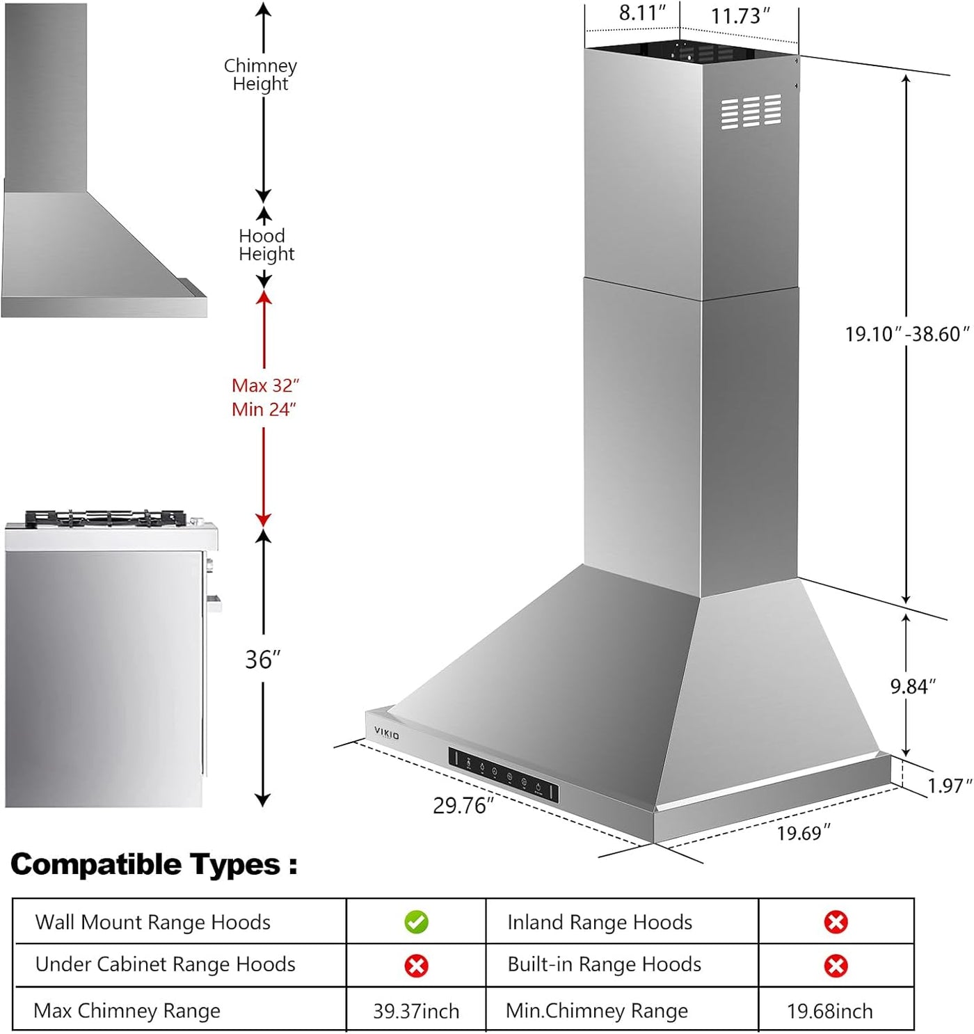 Wall Mount Range Hood 30 inch,Kitchen Vent Hoods 980 CFM Ducted/Ductless - $260