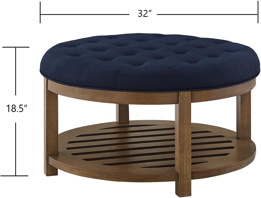 24KF Large Round Upholstered Tufted Linen Ottoman Coffee Table, Large Footrest - $120