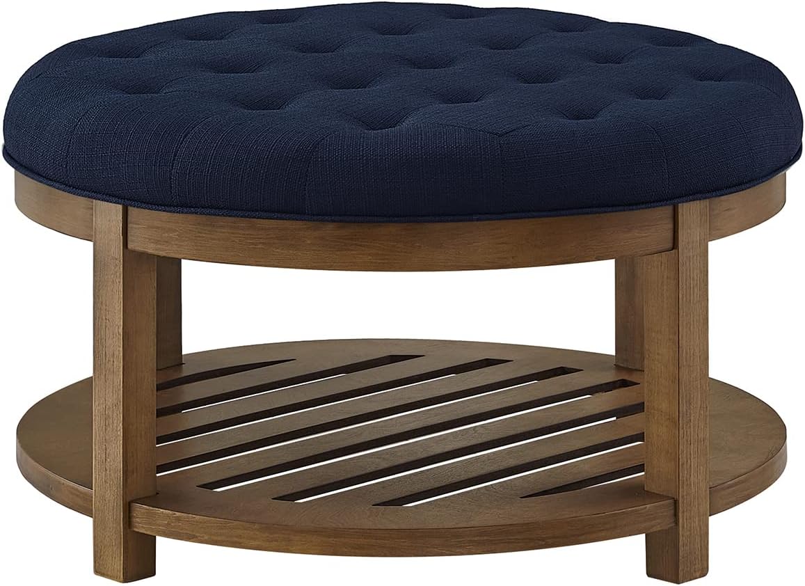 24KF Large Round Upholstered Tufted Linen Ottoman Coffee Table, Large Footrest - $120