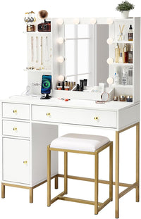 Vanity Desk with Mirror, Makeup Vanity Table with Chair & Charging Station - $120