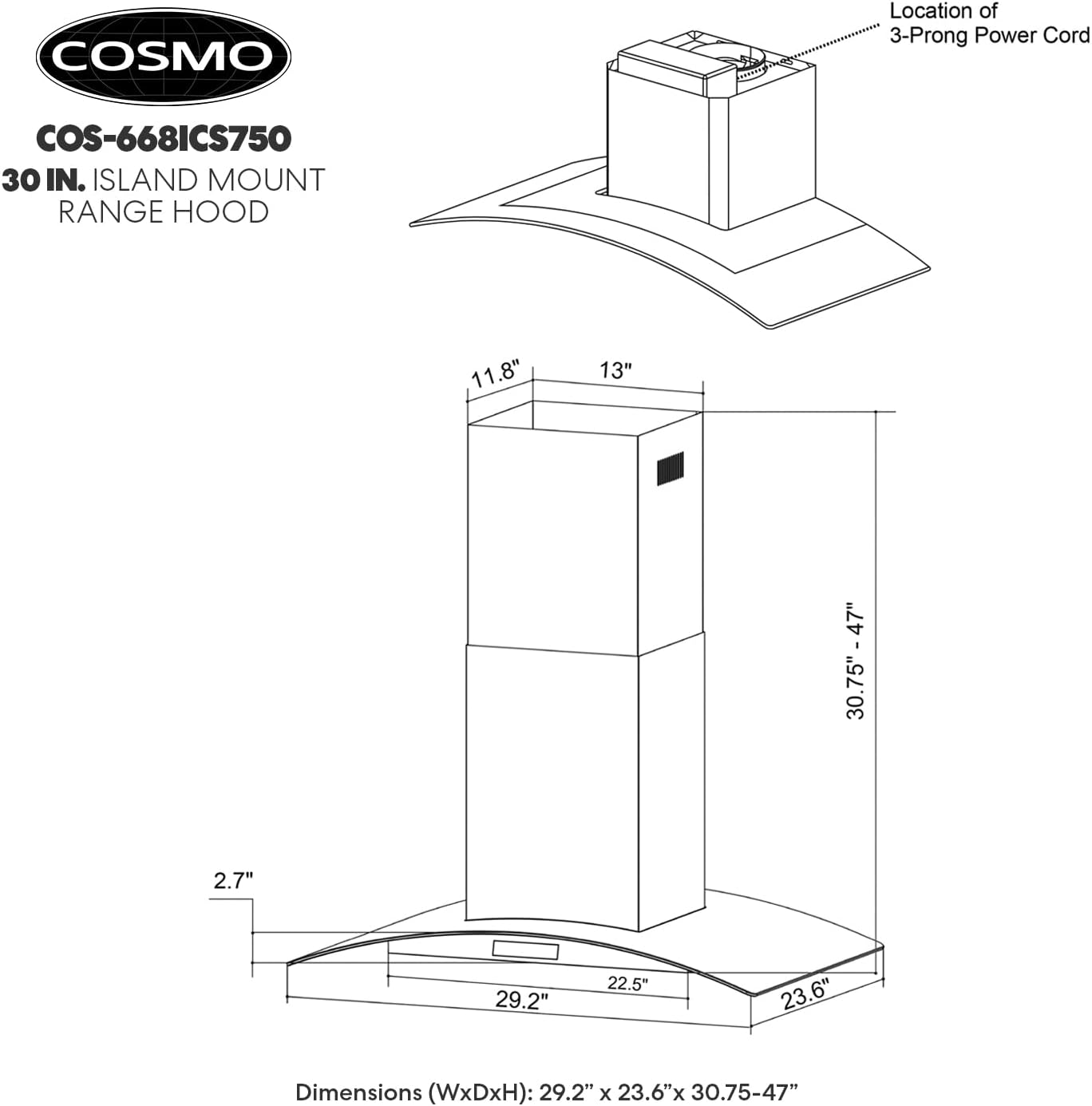 COSMO COS-668ICS750 30 in. Lumin Collection 380 CFM Ducted Island Range Hood - $210