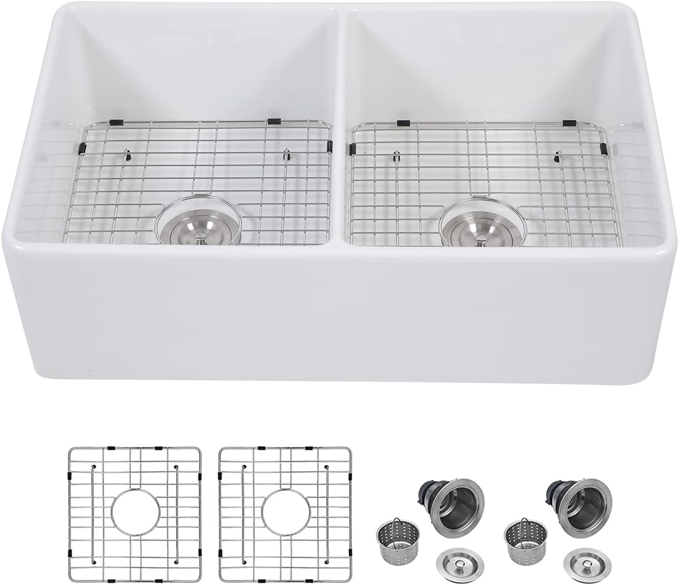 33 White Double Farmhouse Sink - Sarlai 33x20 Inch Kitchen Sink Double Bowl 50/50 - $200