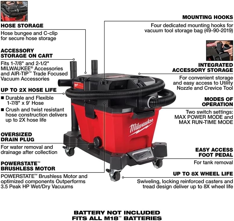 M18 FUEL 6 Gal. Cordless Wet/Dry Shop Vacuum (Missing extension Wand) - $180