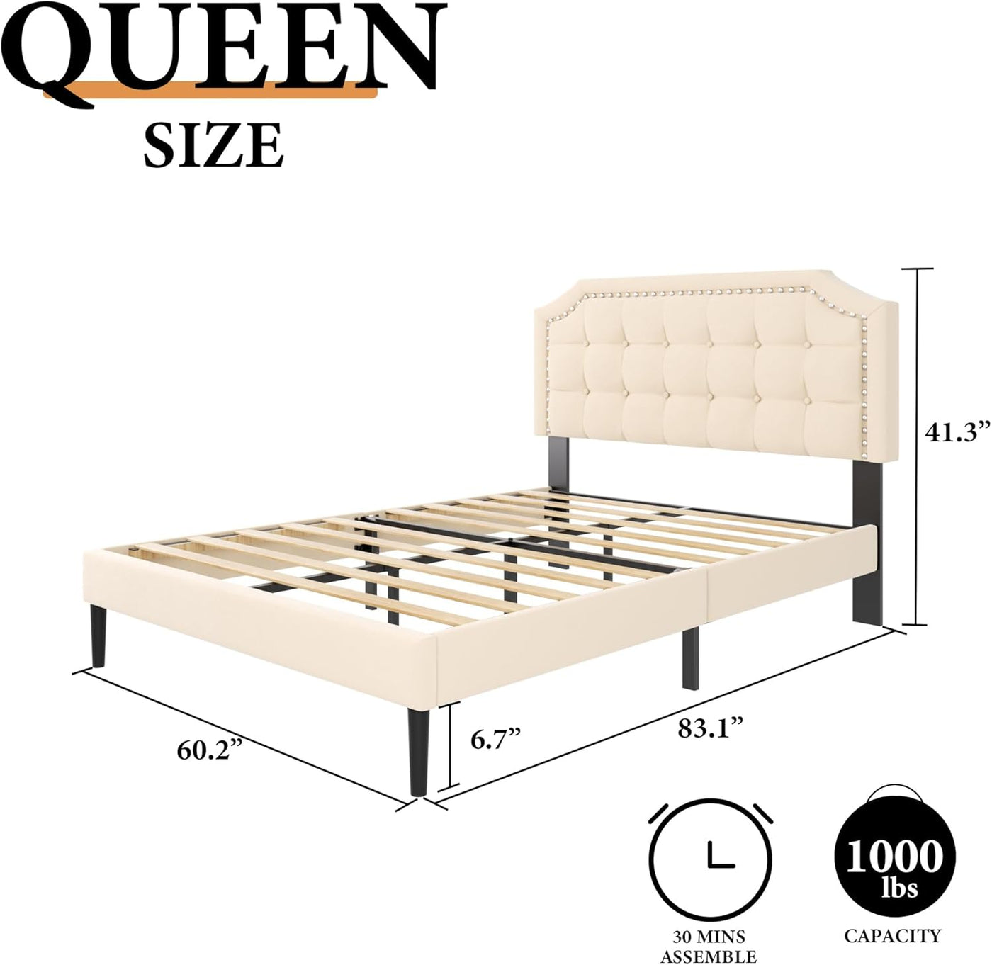 Queen Size Platform Bed Frame with Headboard, No Noise, Beige Velvet - $70