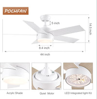 POCHFAN 44 inch White Ceiling Fan with Lights and Remote Control - $60