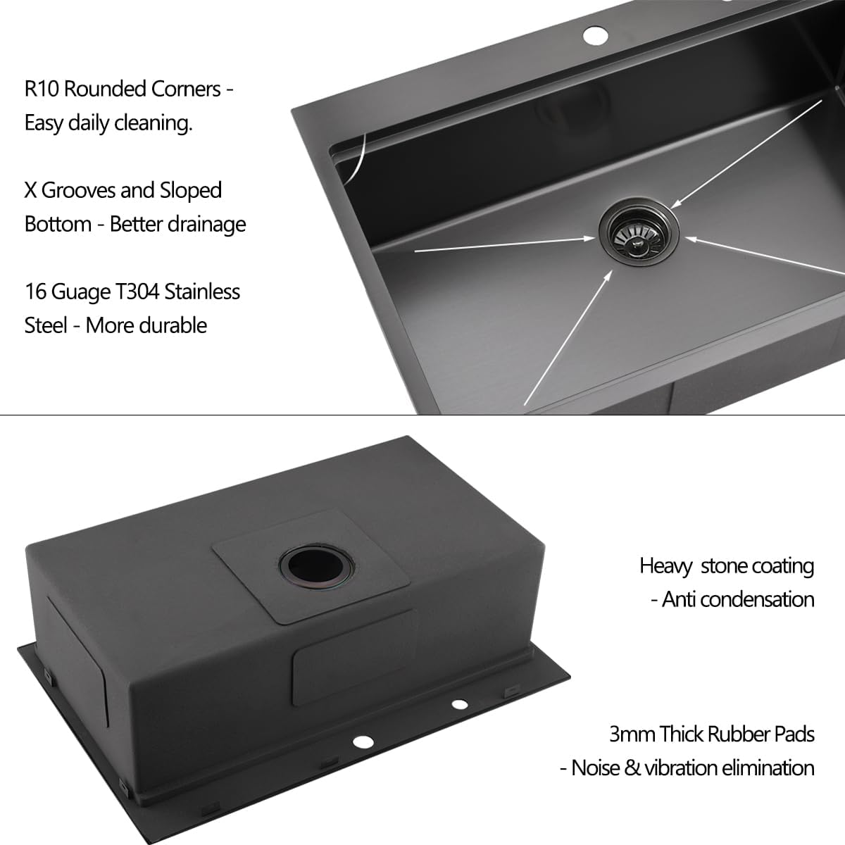 33 Drop In Black Workstation Kitchen Sink, Luckyhorse 33x22 16 Gauge - $180