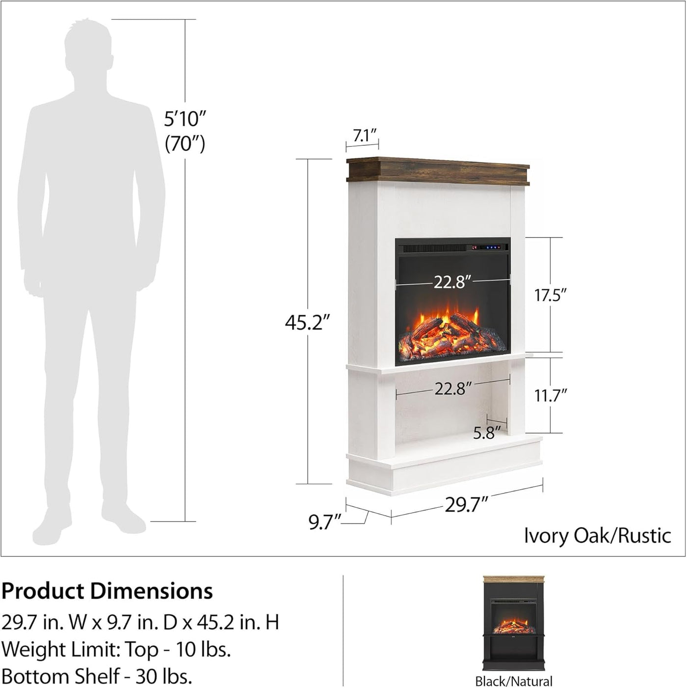 Ameriwood Home Mateo Electric Fireplace with Mantel & Open Shelf, 30", Ivory Oak - $180