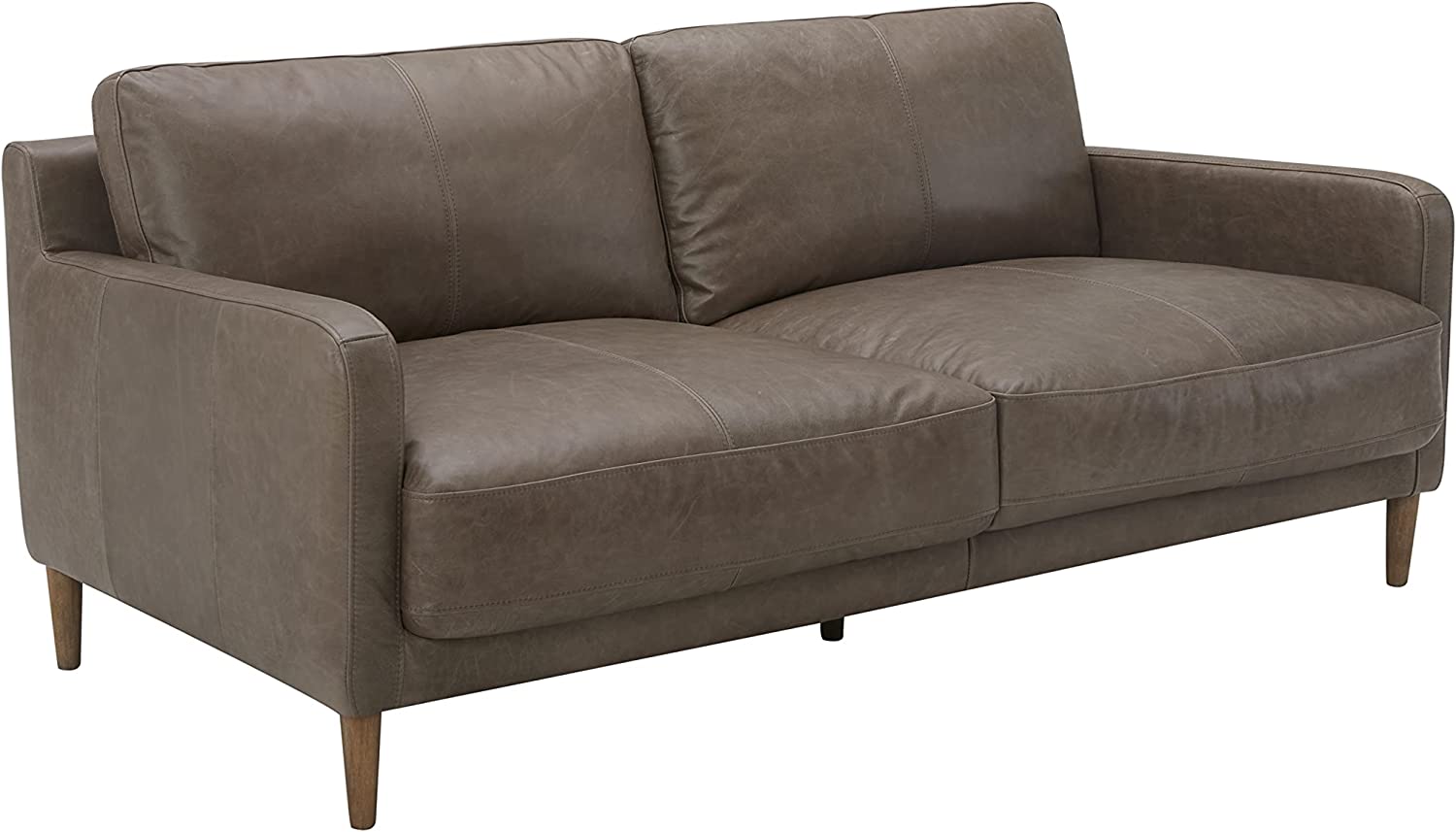 Rivet Modern Deep Leather Sofa Couch with Wood Feet, 72"W, Gray-$630
