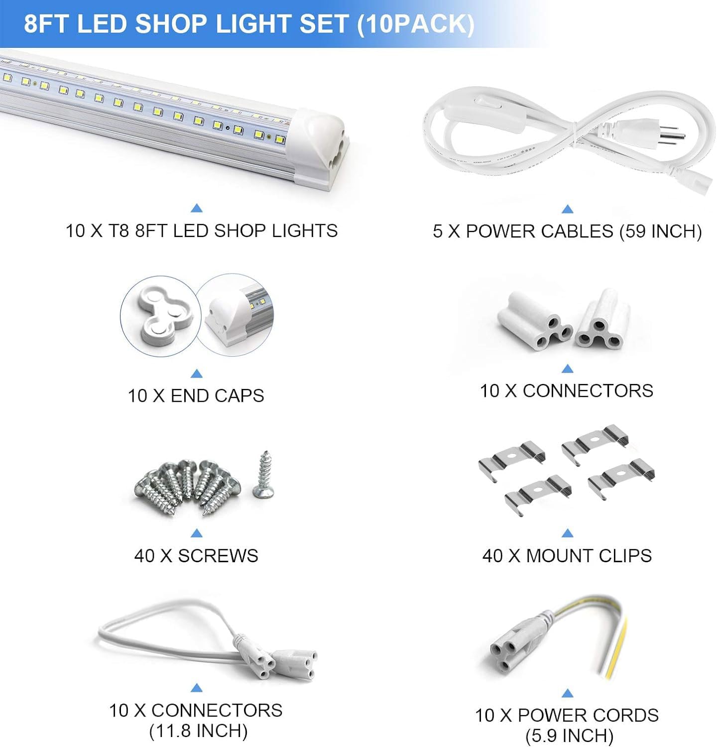 10-Pack 8ft LED Shop Light Fixture - 90W T8 Integrated LED Tube Light - $90