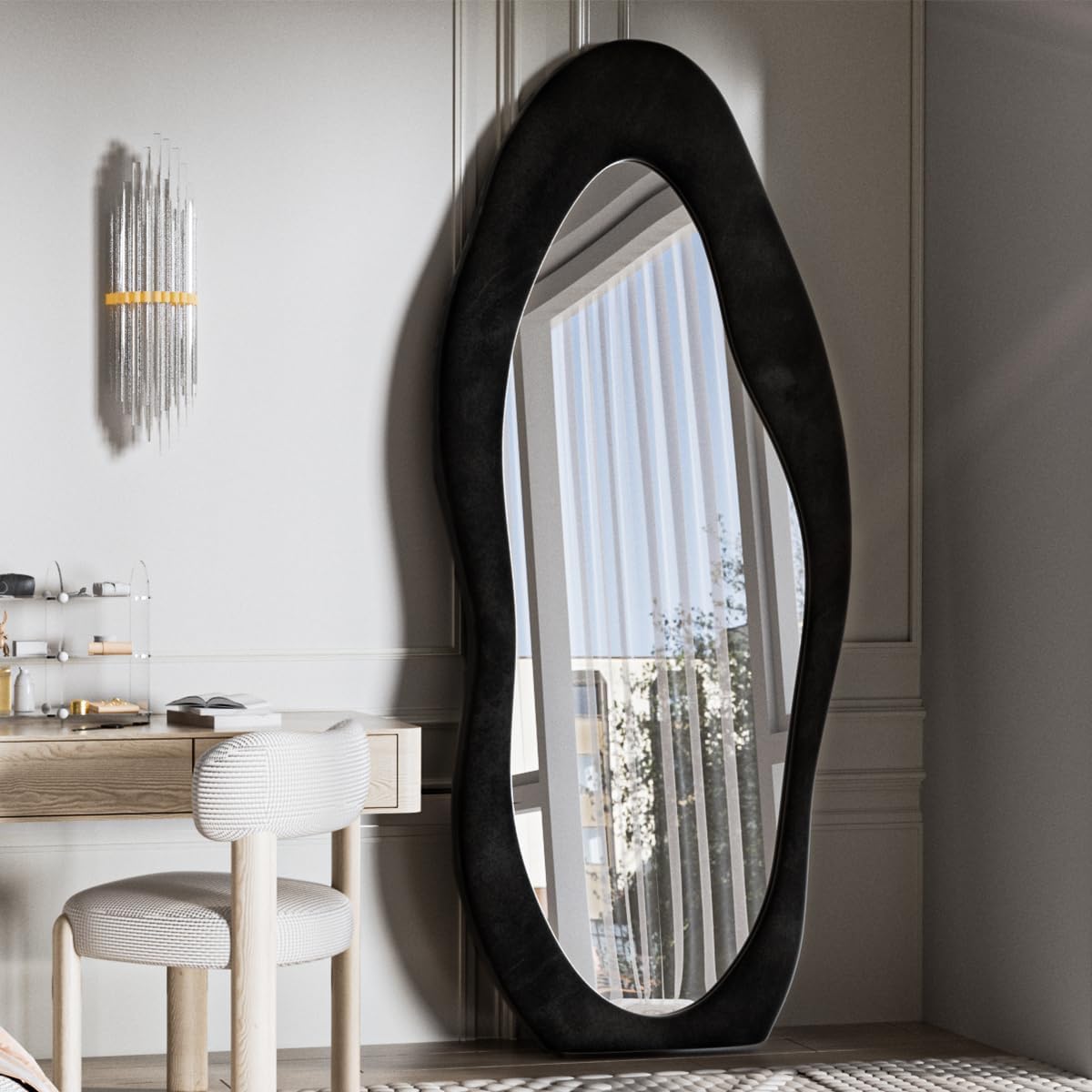 63"x24" Irregular Mirror Full Length, Flannel Cloud Floor Mirror with Stand - $90