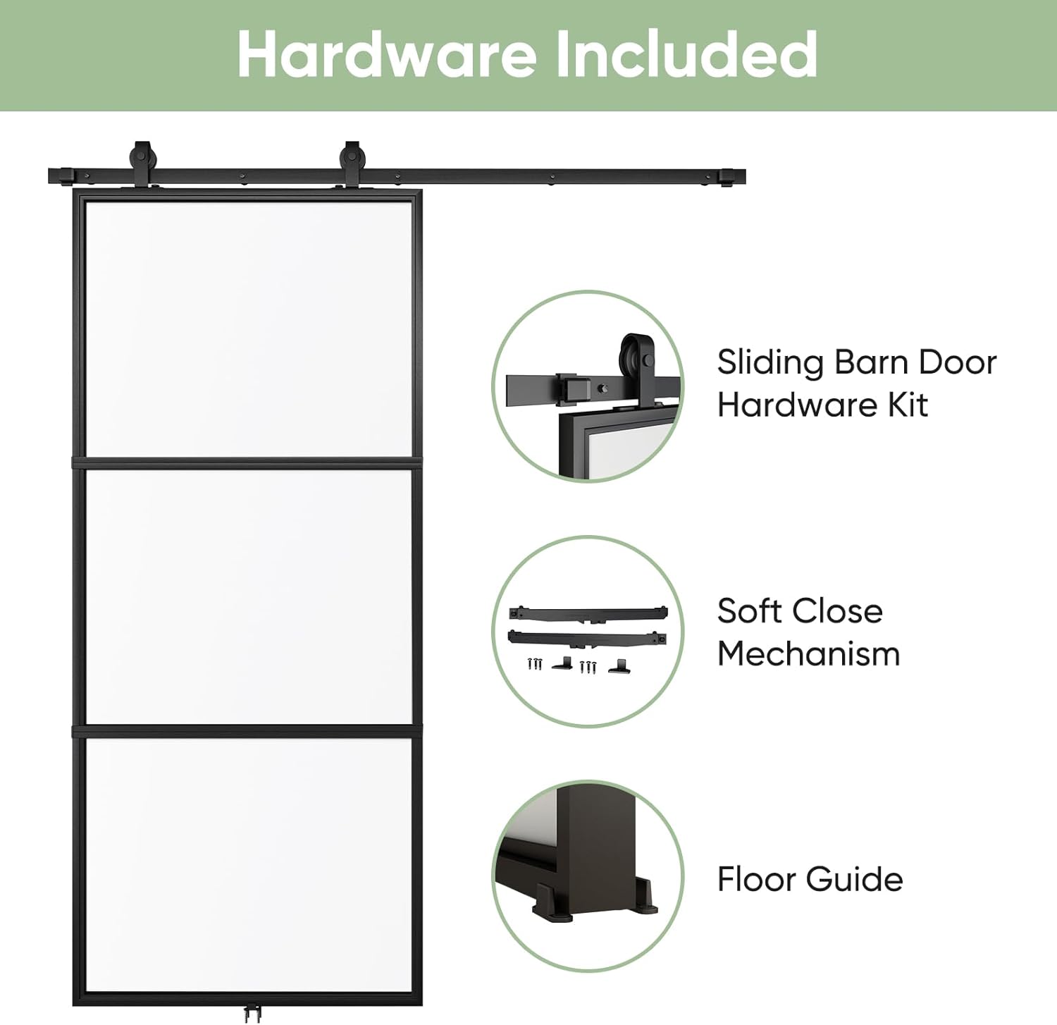 BARNSMITH 36in x 84in Frosted Glass Barn Door with 6FT Top Mounted - $210