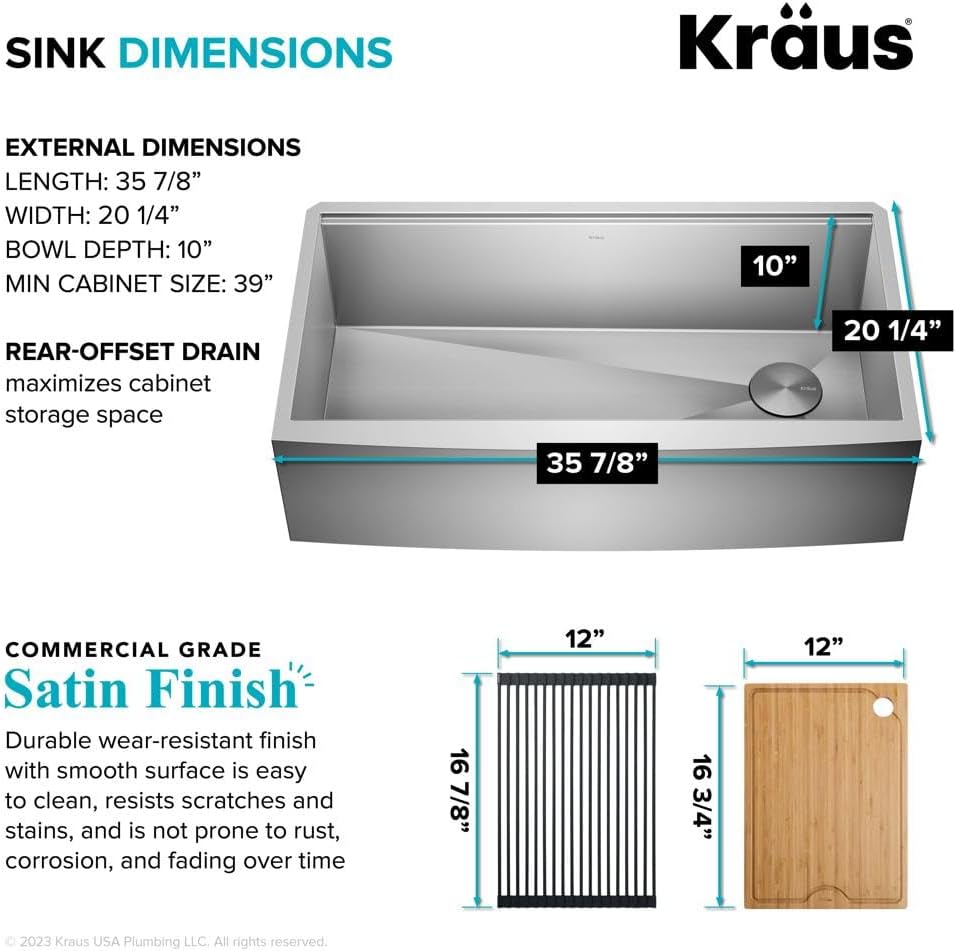 KRAUS Kore 36-Inch Modern 16 Gauge Single Bowl Stainless Steel Kitchen Sink - $280