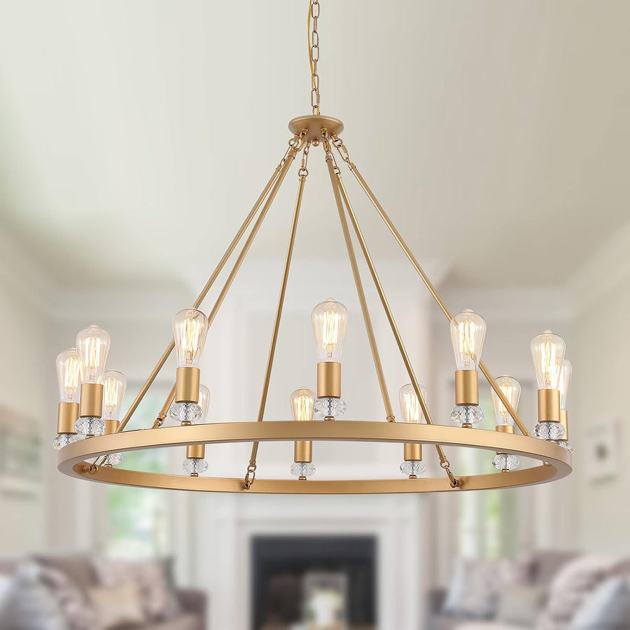 Large Modern Wagon Wheel Chandelier Gold Metal Round Luxury Industrial Country - $205