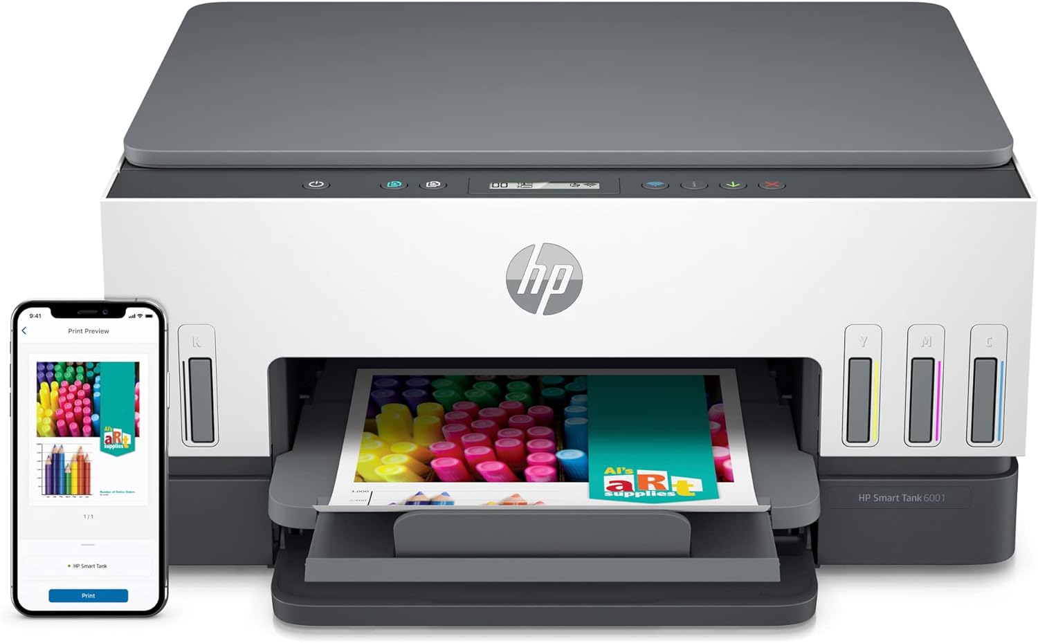 HP Smart Tank 6001 Wireless All-In-One Color Refillable Supertank Printer - $210
