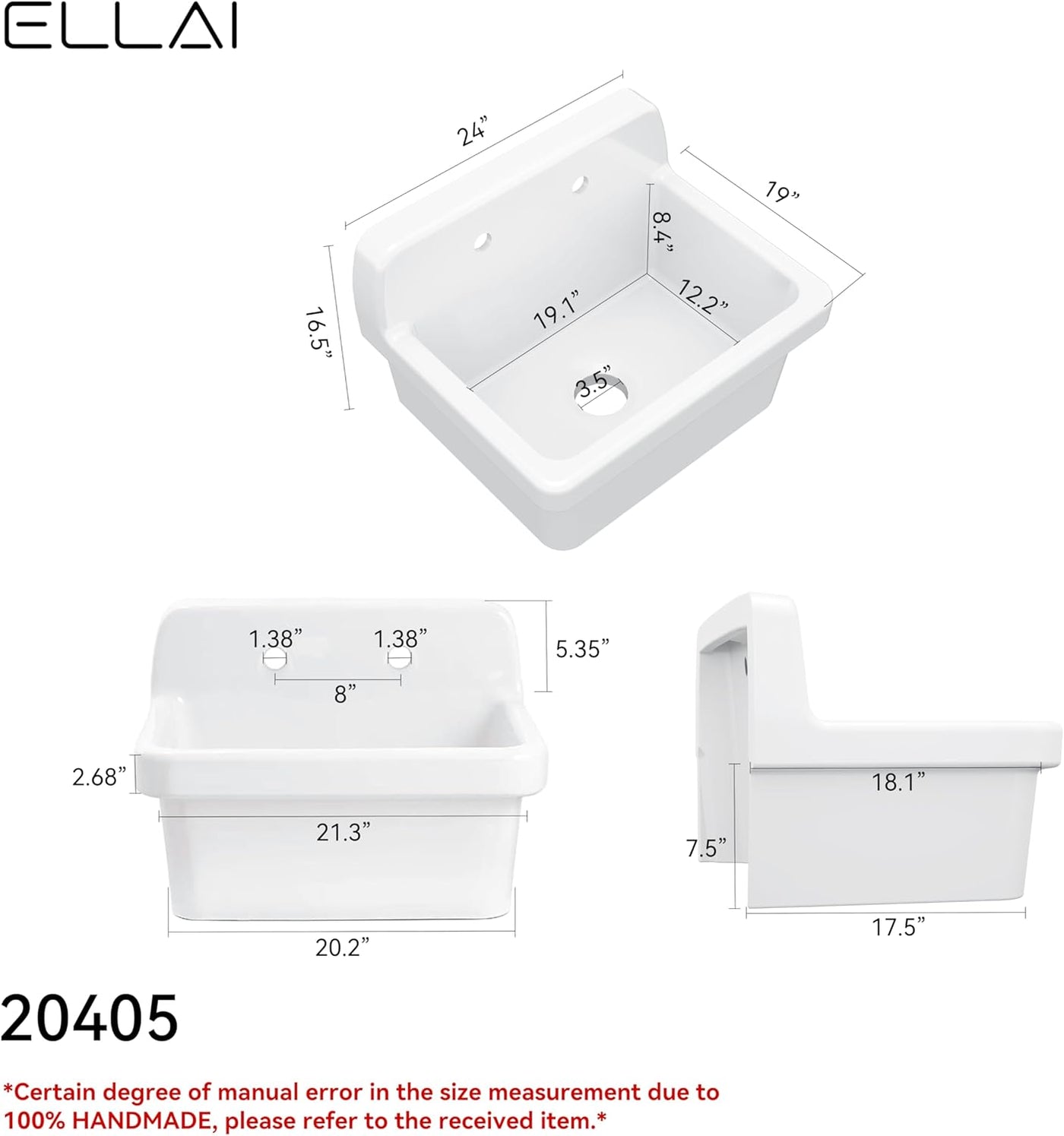 ELLAI Wall Mount Utility Sink Wall Mounted Sink White 24" x 19" x 16.5" - $220