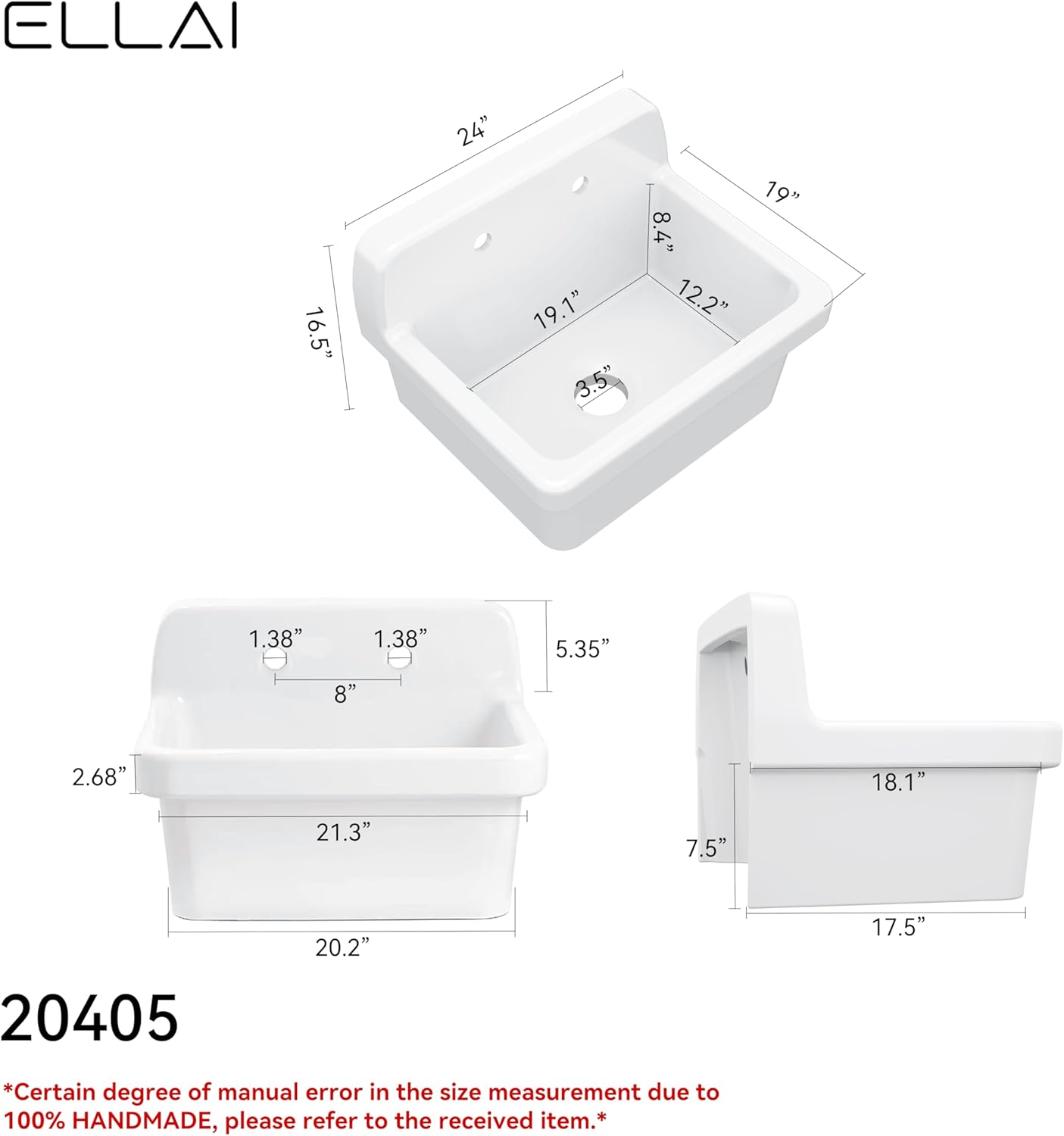 ELLAI Wall Mount Utility Sink Wall Mounted Sink White 24" x 19" x 16.5" - $220