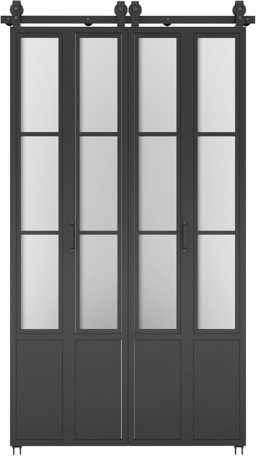 48 in. x 84 in. 3/4 Lites Frosted Glass Black Steel Frame Double Bi-Fold Barn Doors - $515