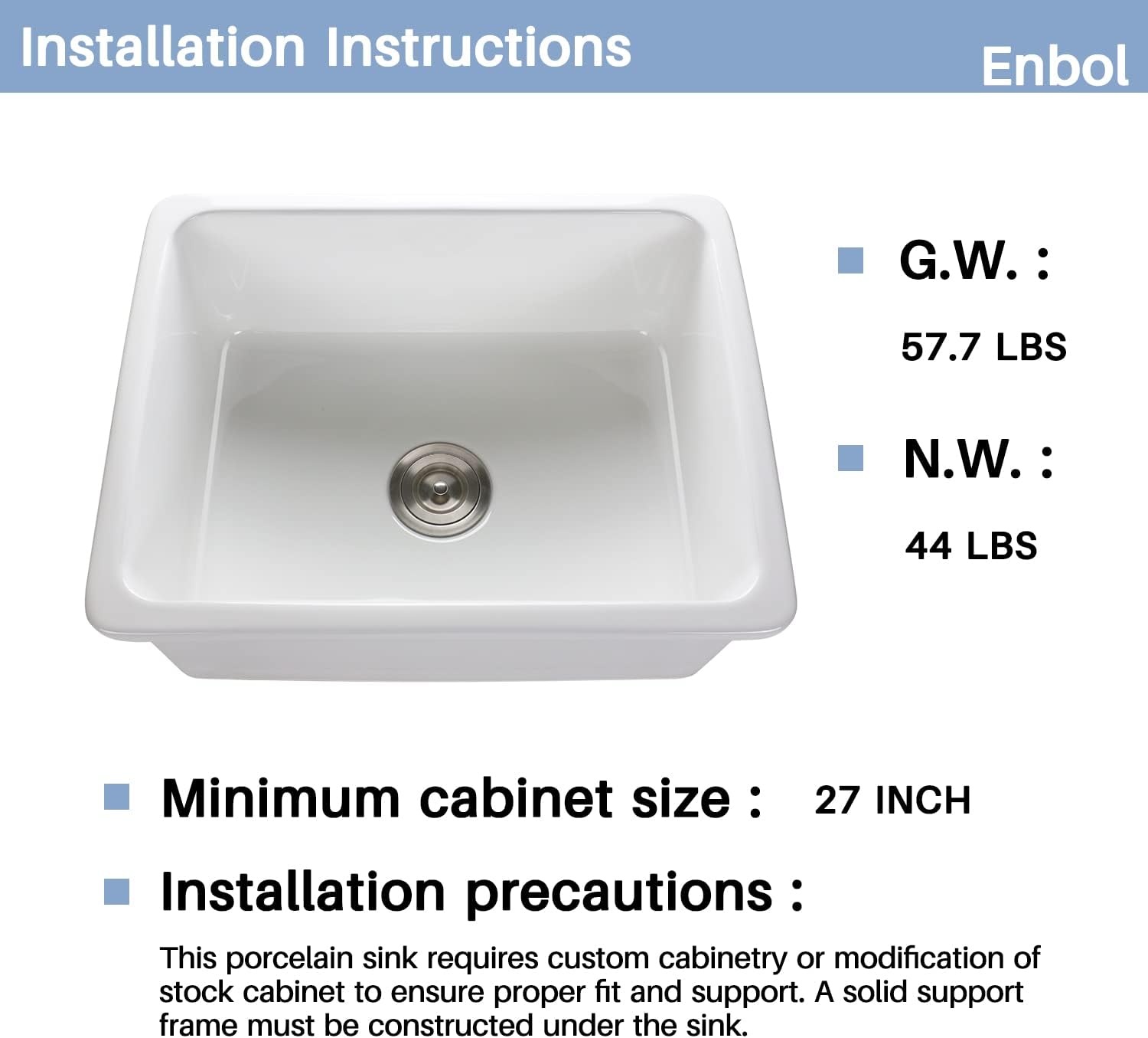 Enbol 24 Undermount Kitchen Sink - 24x18 inch Undermount White Porcelain - $150