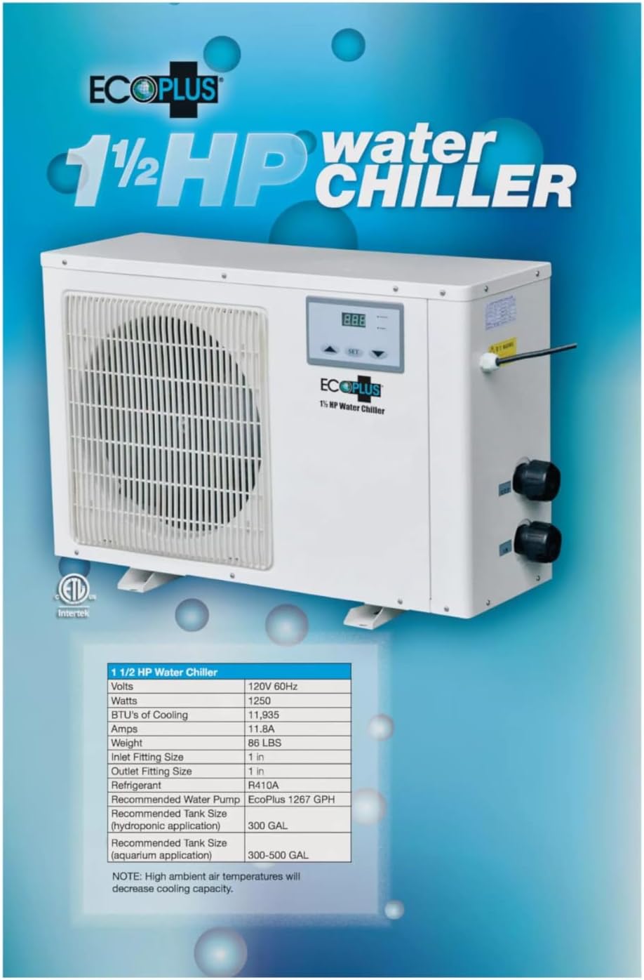 EcoPlus Commercial Grade Water Chiller, Cooler for Reservoirs, 1 ½ HP - $1000