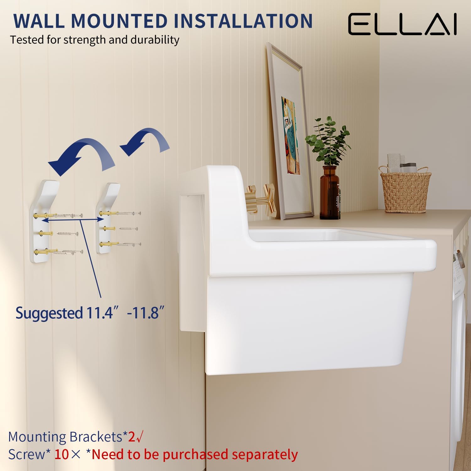 ELLAI Wall Mount Utility Sink Wall Mounted Laundry Tub Ceramic Farm Style - $235