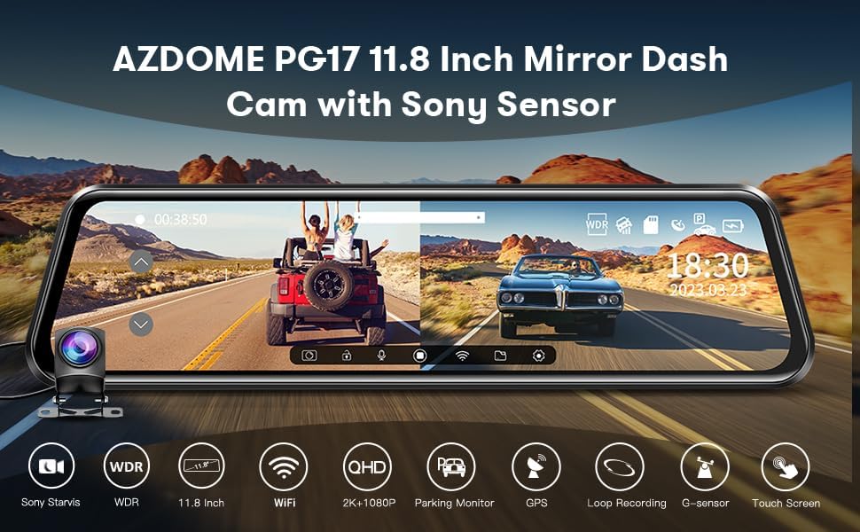 AZDOME PG17 WiFi Rear View Mirror Camera, 12" Mirror Dash Cam, Dual Camera - $90
