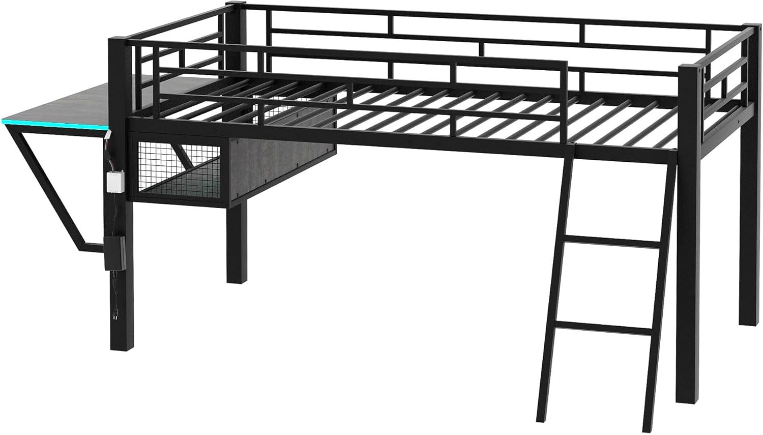 Harper & Bright Designs Gaming Mid Loft Bed Frame with Desk, LED, Twin, Black - $110