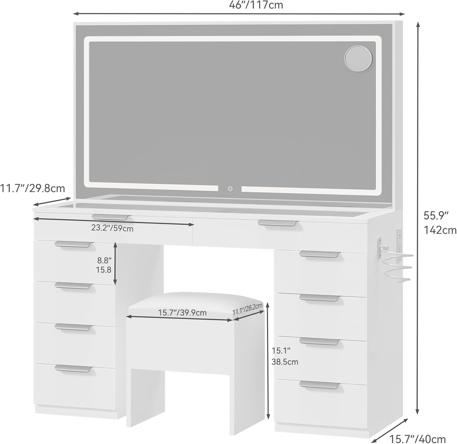 YITAHOME Vanity Desk with Large Mirror & 3-Color Light Bulbs, 10 Drawers - $175