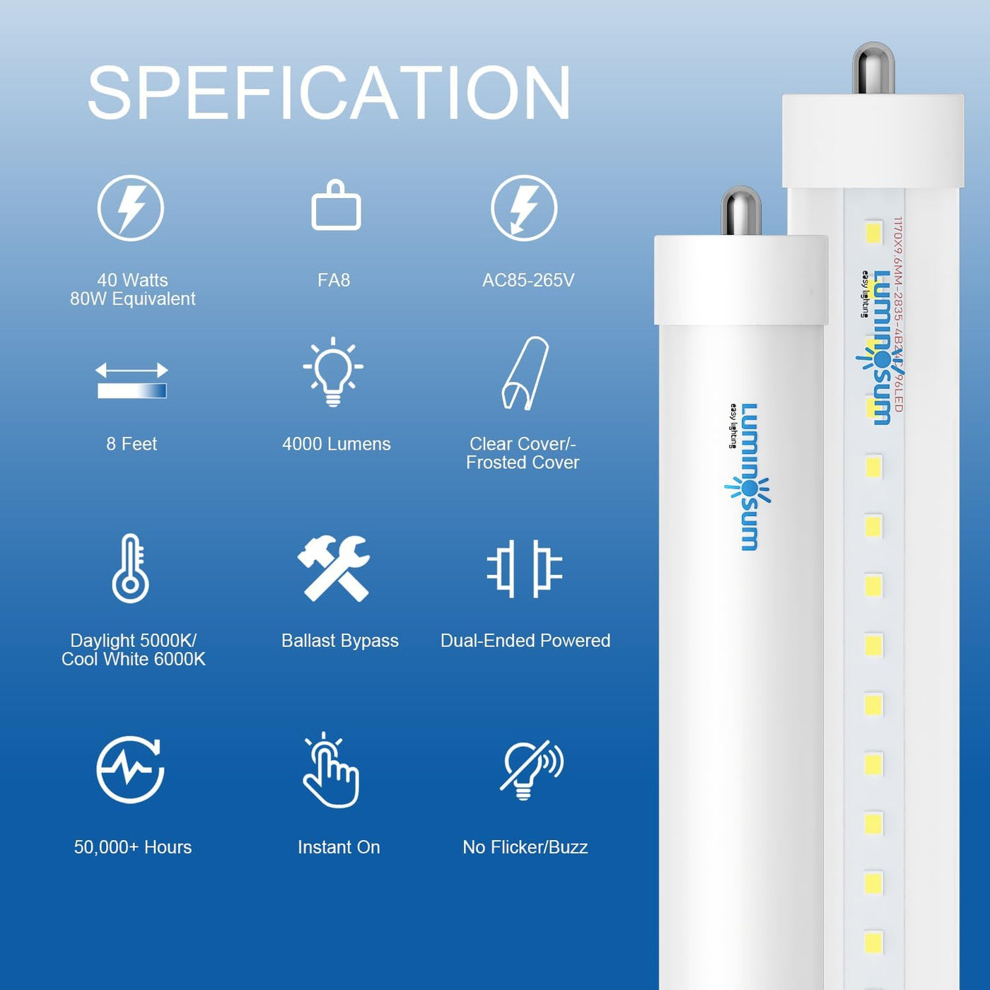 T8 LED Tube Light 8 Feet 40W, Single Pin FA8 Base, Clear Cover, Cool White 6000k - $135