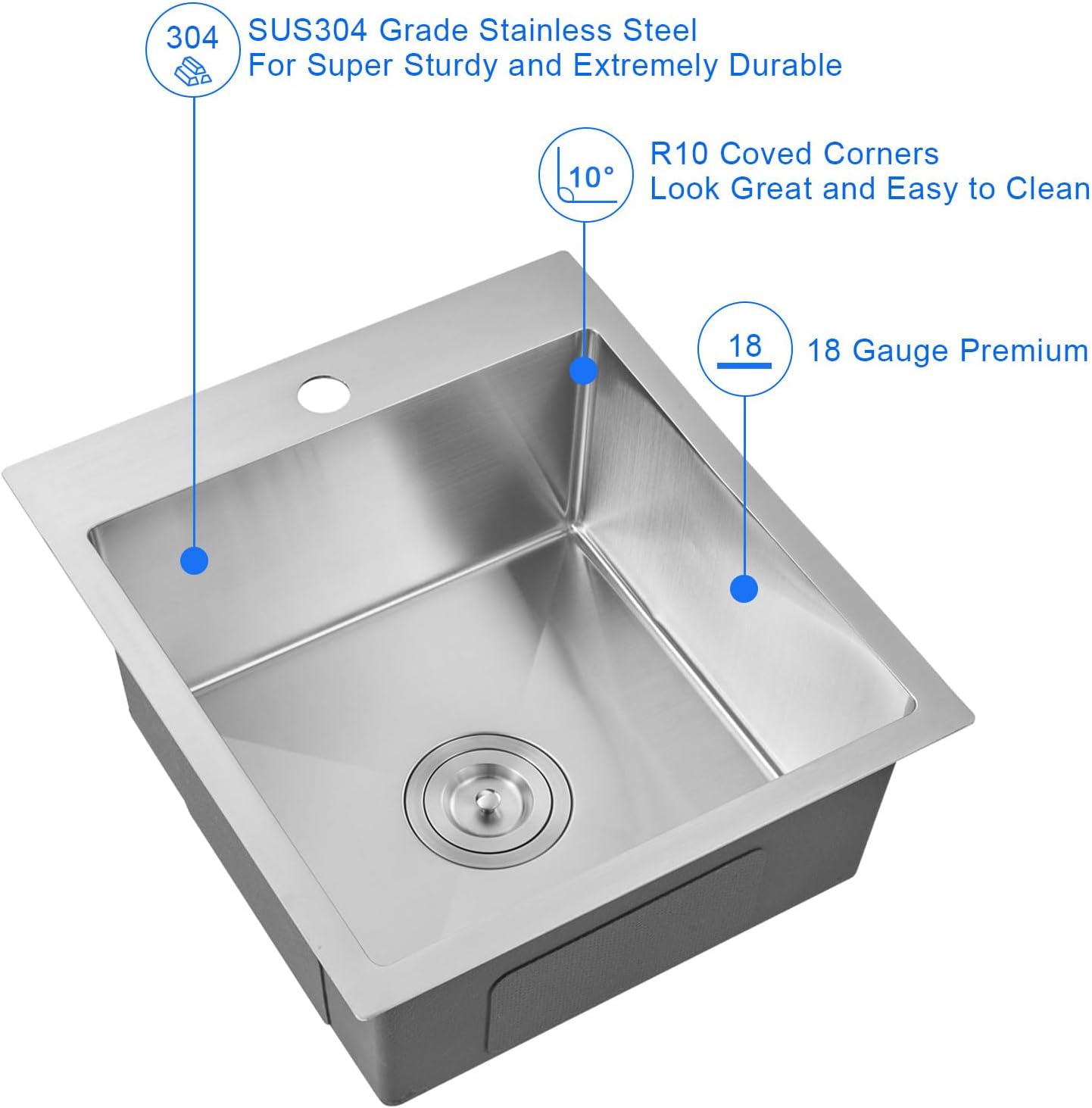 MENATT 15 x 17 Inch Drop in Bar Sink, Single Faucet Hole Single Bowl Kitchen Sink - $80