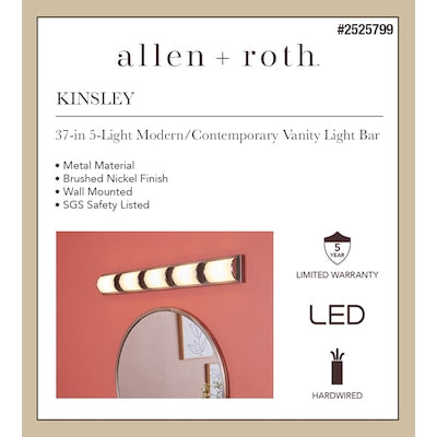 allen + roth Kinsley 37-in 5-Light Brushed Nickel LED Modern Vanity Light Bar - $75