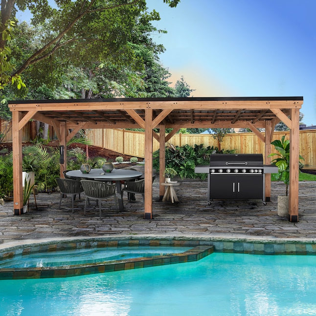 20.1-ft x 9.1-ft Arcadia Rectangle Brown Wood Steel Roof Semi-permanent Gazebo - $1650