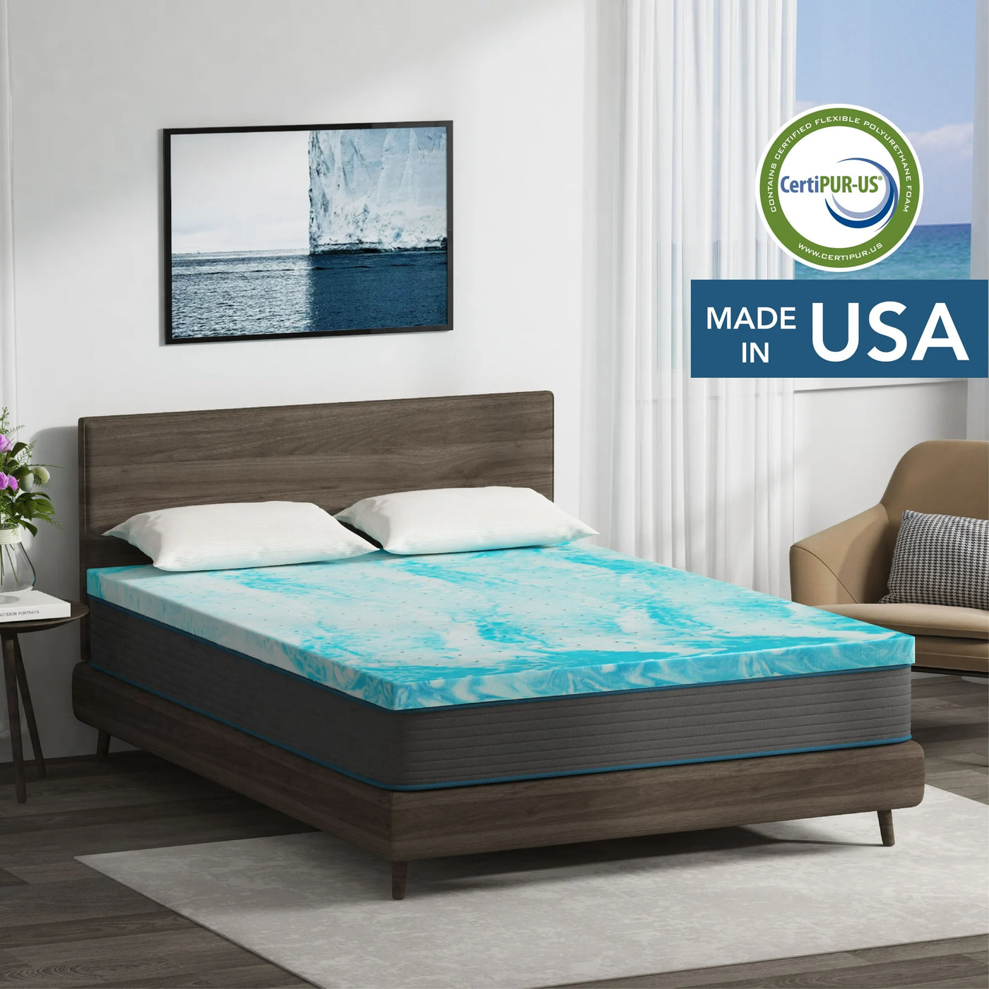 EGO HOME 4 inch Cooling Gel Memory Foam Mattress Topper, King, Blue - $65