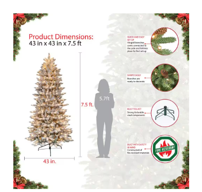 Puleo International 7.5 ft. Pre-Lit Flocked Slim Fraser Fir Artificial Christmas Tree - $140